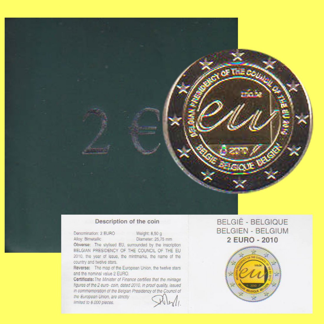  Offiz. 2-Euro-Münze Belgien *EU-Präsidentschaft* 2010 *PP* nur 6.000St   