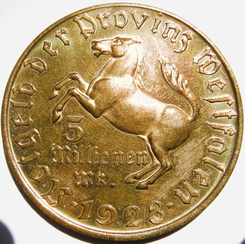  Westfalen, 5 Mill. Mark 1923, 3-zeilig mit MK., Kupfer/Zink vergoldet, J N21   