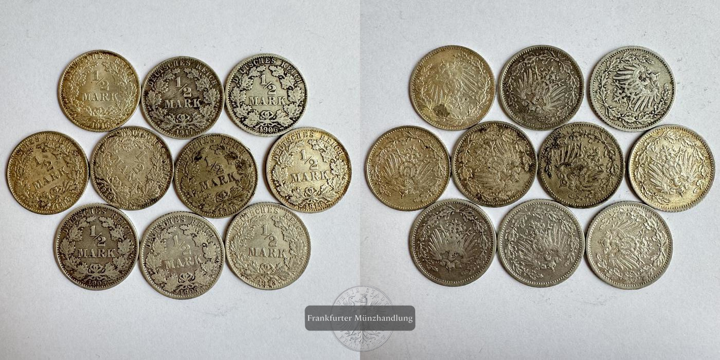  Kaiserreich 10x 1/2 Mark 1905-1917 FM-Frankfurt KM#17 Feinsilber: 24,66g   