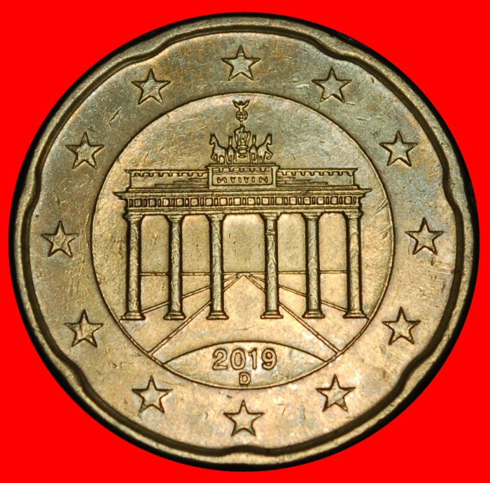  Ⰿ NORDIC GOLD (2007-2025): GERMANY★20 EURO CENTS 2019D BAVARIA SPANISH ROSE★LOW START! ★ NO RESERVE!   