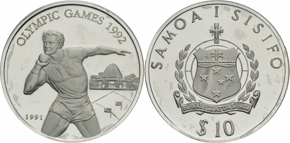  Samoa 10 $ Tala 1991 1 Unze 31,47g Silber 925fein 29,11g Feinsilber Olympia 1992 Barcelona KM# 82   