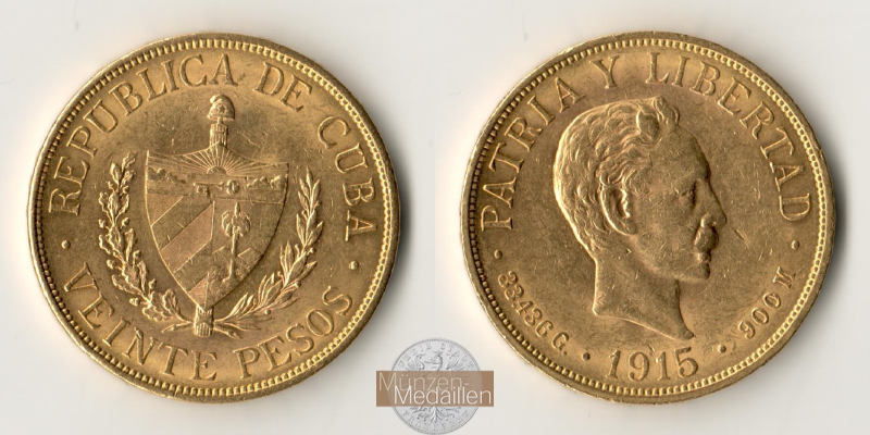 Kuba MM-Frankfurt  Feingold: 30,1g 20 Pesos 1915 