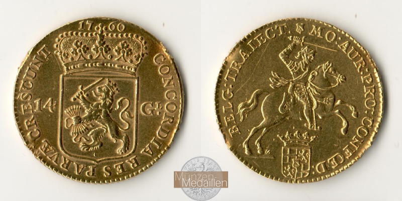 Niederlande, MM-Frankfurt  Feingold: 9,11g 14 Gulden 1760 