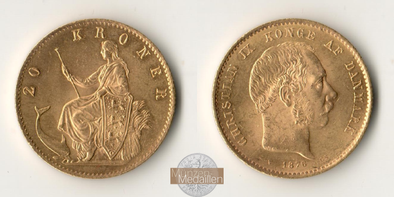 Dänemark, Christian IX MM-Frankfurt KM#791 Feingold: 8,06g 20 Kronen (1873-1900) 1876 