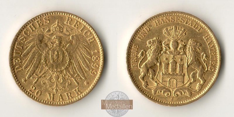 Deutsches Kaiserreich. Hamburg MM-Frankfurt KM#618 Feingold: 7,17g 20 Mark (1893-1913) 1899 J 