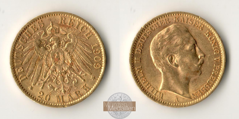 Dt. Kaiserreich Preussen, Wilhelm II MM-Frankfurt KM#521 Feingold: 7,17g 20 Mark (1890-1913) 1909 A 