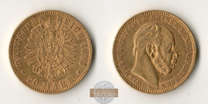 Deutsches Kaiserreich. Preussen MM-Frankfurt Feingold: 7,17g Wilhelm I. 20 Mark 1883 A 
