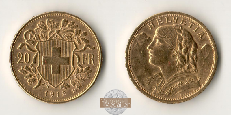 Schweiz MM-Frankfurt Feingold: 5,81g 20sFR (Vreneli) 1912 B 