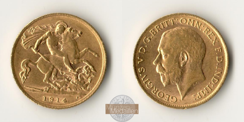 Grossbritannien, Georg V. (1910-1936) MM-Frankfurt Feingold: 3,66g 1/2 Sovereign 1914 