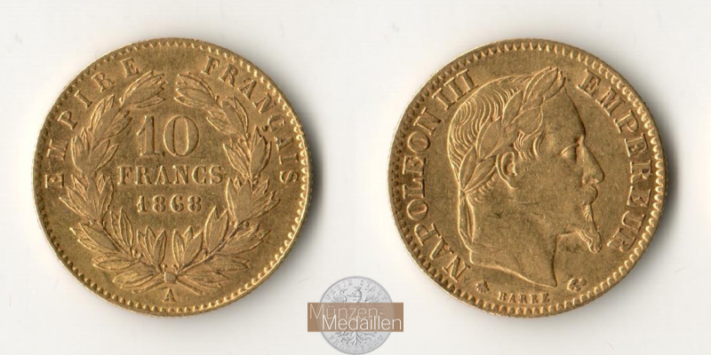 Frankreich MM-Frankfurt Feingewicht: 2,90g Gold 10 Francs 1868 