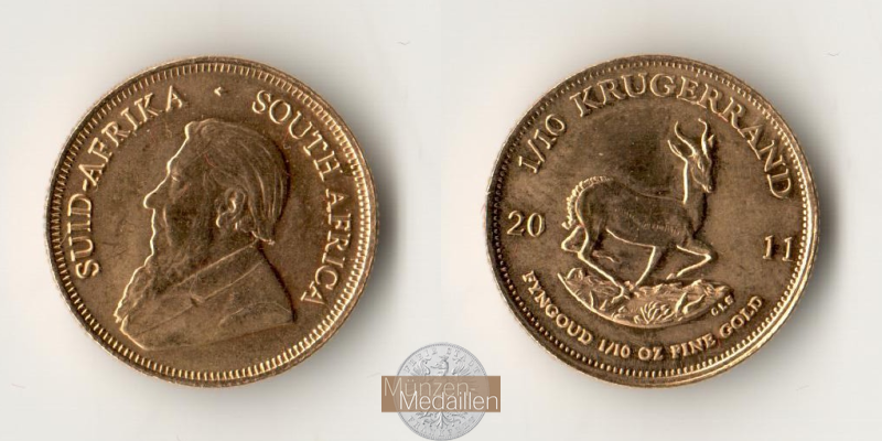 Südafrika MM-Frankfurt Feingewicht: 3,11g Gold 1/10 Unze Krügerrand 2011 sehr schön
