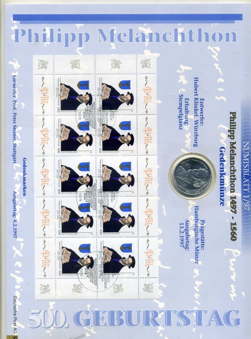  Numisblatt 1/97 Philipp Melanchthon 1497-1560 mit 10 DM Gedenkmünze Silber   