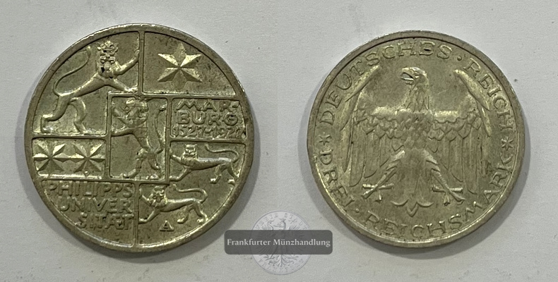  Weimarer Republik Uni Marburg  3 Mark 1927 A  FM-Frankfurt Feinsilber: 7,5g   