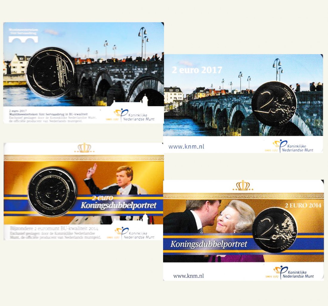  2x Coincard NL 2-€-Sonder-Münze *Thronbesteigung* 2014 + 2-€-SM *Servalius Brücke* 2017   
