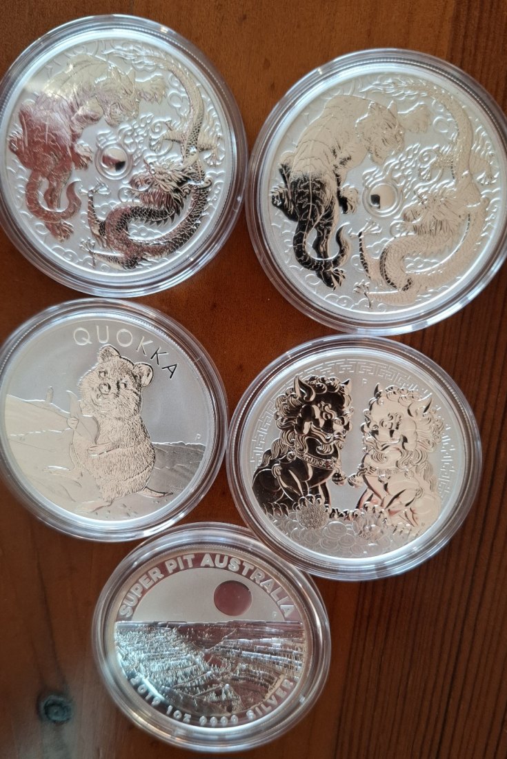  Australien 5 x 1 oz 1 AUD Silber: Drache & Tiger, Quokka, chin. Wächterlöwen, Super Pit Mine   
