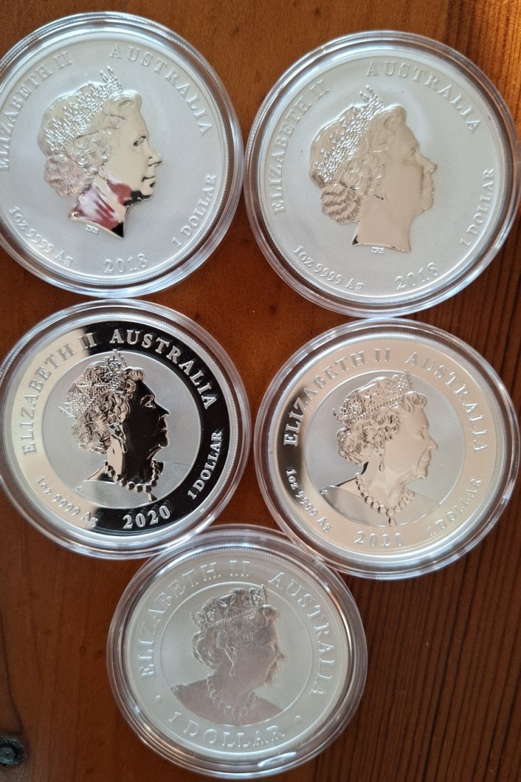  Australien 5 x 1 oz 1 AUD Silber: Drache & Tiger, Quokka, chin. Wächterlöwen, Super Pit Mine   
