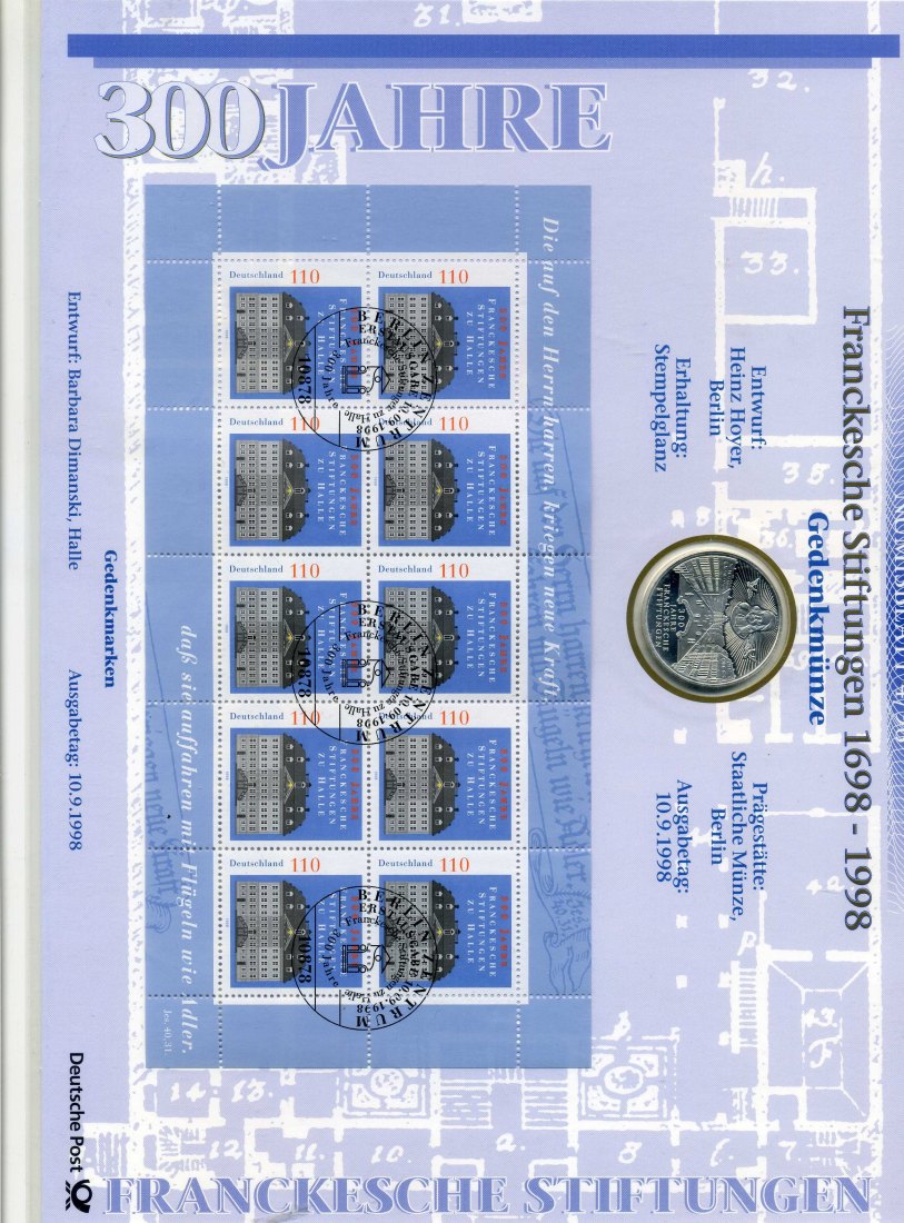  Numisblatt 4/98 Franckesche Stiftungen mit 10 DM Gedenkmünze Silber   