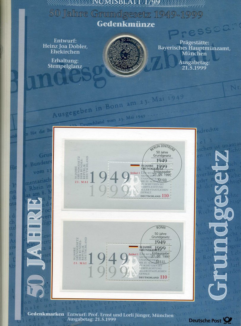  Numisblatt 1/99 50 Jahre Grundgesetz mit 10 DM Gedenkmünze Silber 2. Blatt   