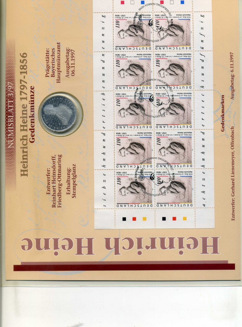  Numisblatt 3/97 Heinrich Heine mit 10 DM Gedenkmünze Silber   