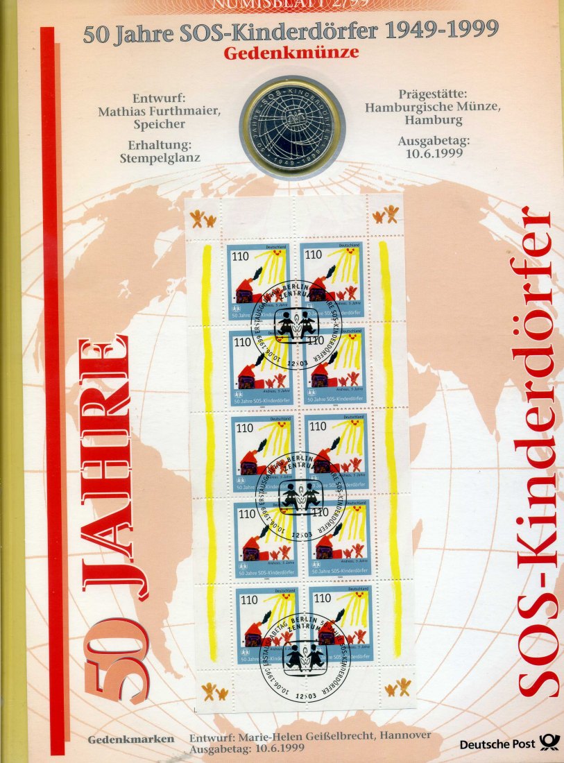  Numisblatt 2/99 50 Jahre SOS Kinderdorf mit 10 DM Gedenkmünze Silber   