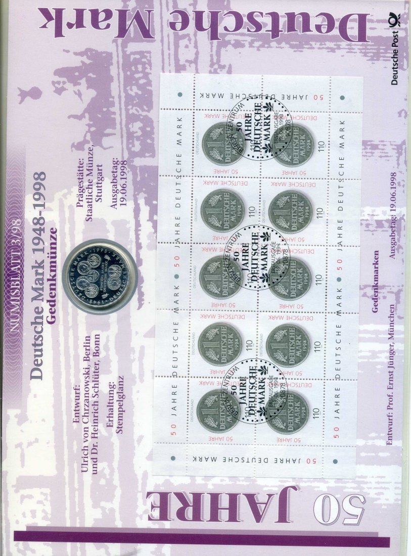  Numisblatt 3/98 50 Jahre DM mit 10 DM Gedenkmünze Silber 2. Blatt   