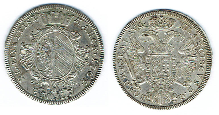  SZAIVERT ALTDEUTSCHLAND NÜRNBERG 30 KREUZER 1/4 KONVENTIONSTALER 1765 ADLER WAPPEN   