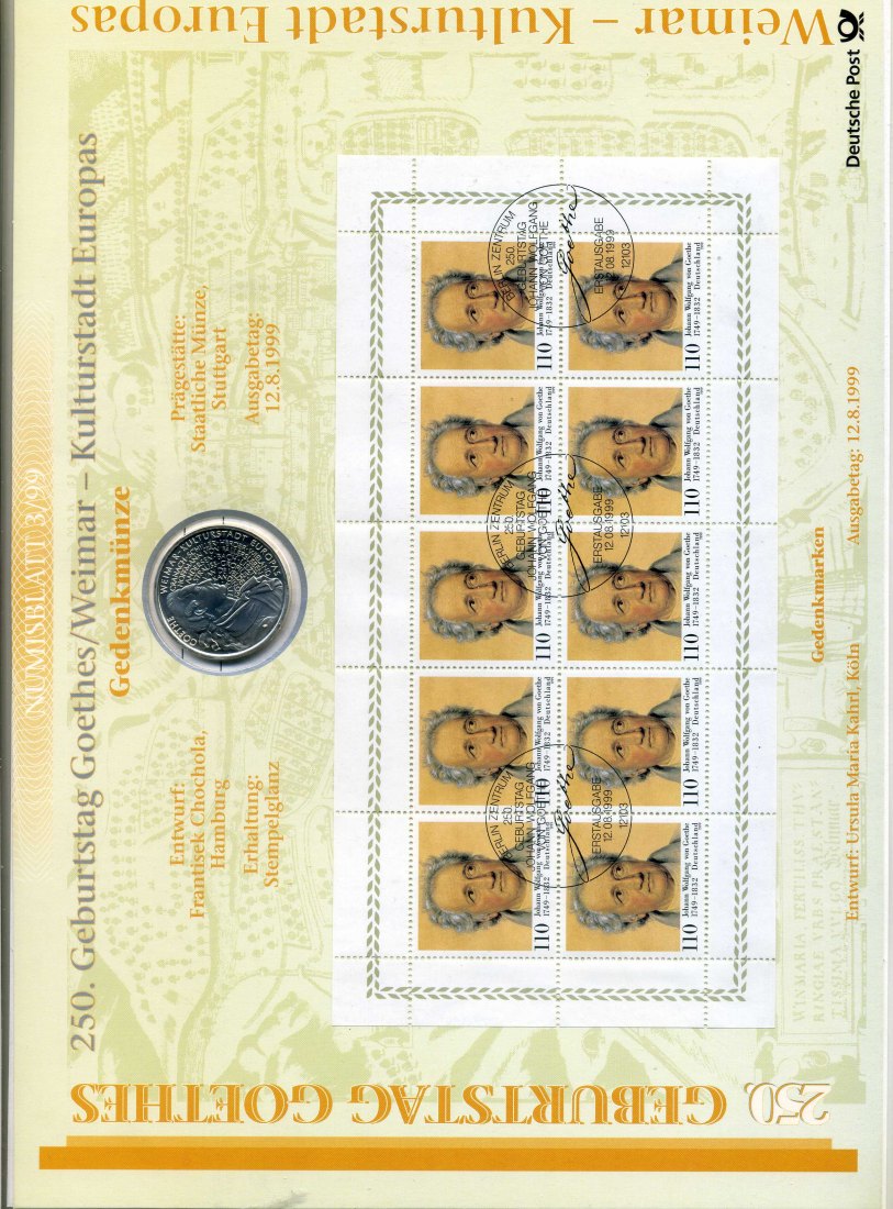  Numisblatt 3/99 250 Jahre Weimar mit 10 DM Gedenkmünze Silber   