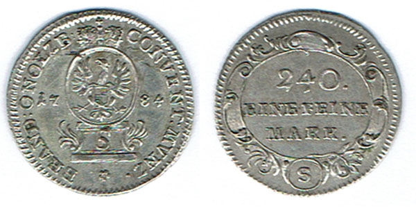  SZAIVERT ALTDEUTSCHLAND BRANDENBURG ANSBACH KLEINMÜNZEN 240 EINE FEINE MARK 1784   