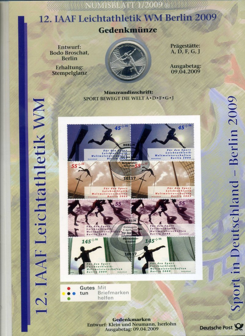 10 Euro 2009 Leichathletik WM im seltenen Numisblatt der Deutschen Post   