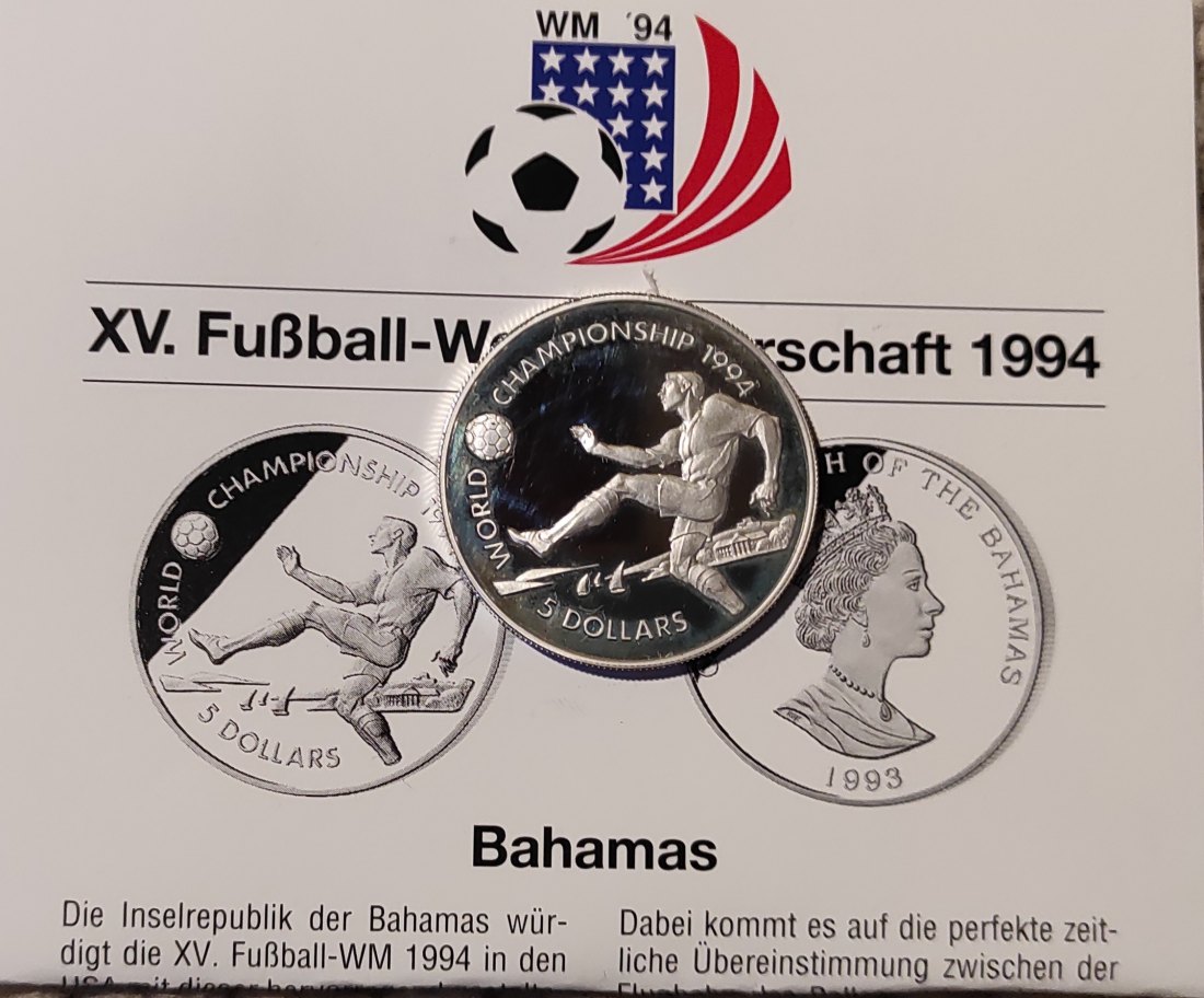  Bahamas 5 Dollar 1993 zur WM 1994 SILBER mit Echtheits-Garantie   