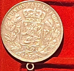  Belgien, 5 Franc, 1869, Luipold II König der Belgier Silber unter Kurs gehenkelt   