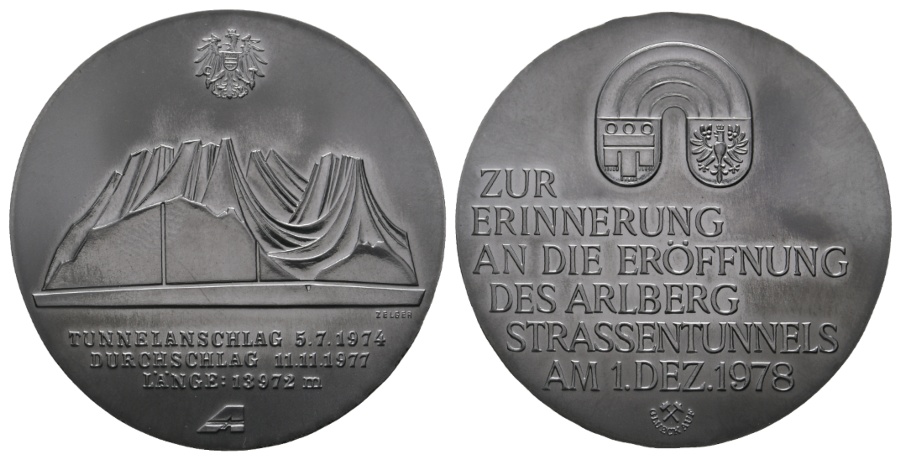  Medaille 1978; Eröffnung des Arlberg Strassentunnels, versilbert, 42,30 g, Ø 43,5 mm   