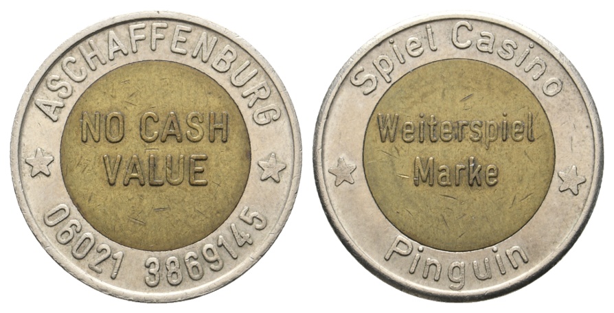  Bayern, Aschaffenburg NO CASH VALUE, Spielcasino Pinguin Weiterspielmarke; Menzel -   