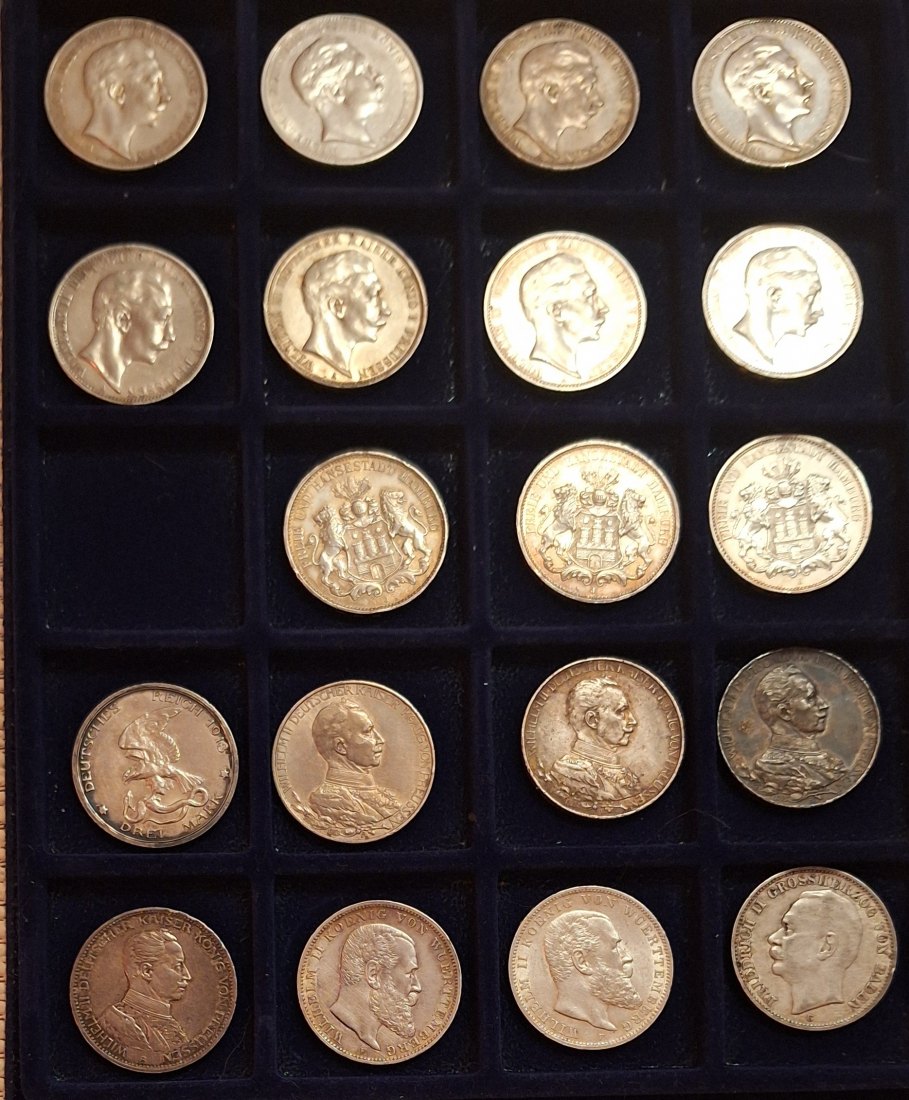  Deutsches Kaiserreich. Lot 19x3Mark. 1908-1914 Silber unter Kurs   