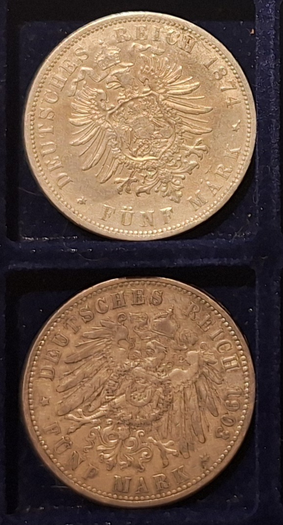  Deutsches Kaiserreich. Set 2x5 Mark. 1874;1903 Silber unter Kurs   