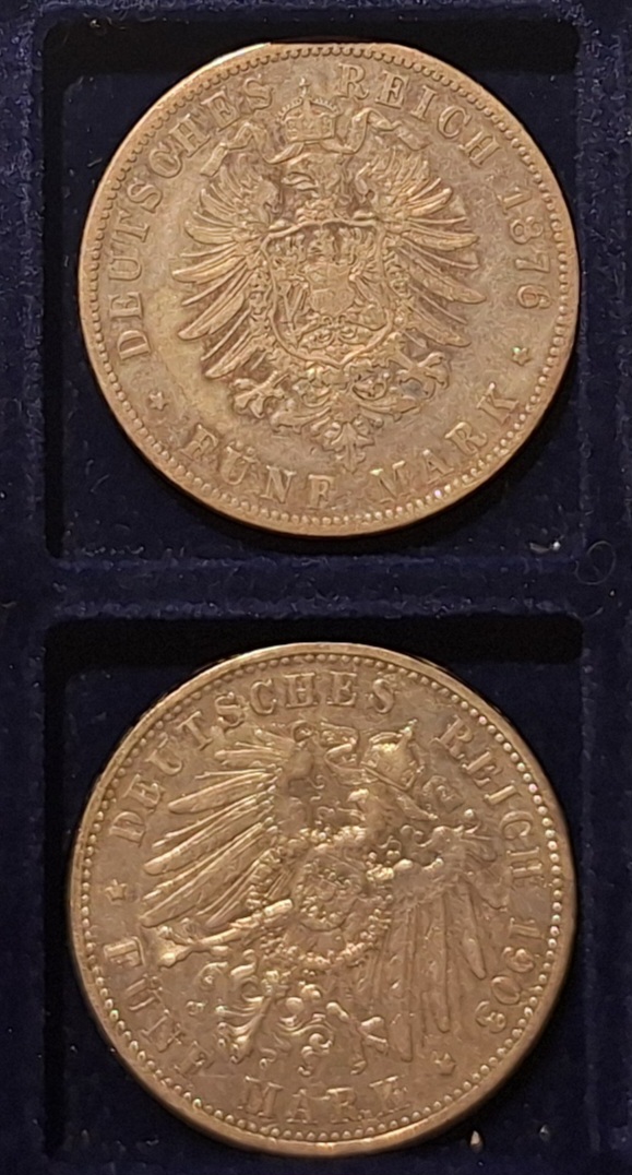  Deutsches Kaiserreich. Set 2x5 Mark. 1876;1903 Silber unter Kurs   