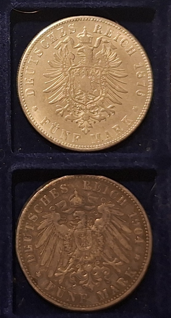  Deutsches Kaiserreich. Set 2x5 Mark. 1876;1904 Silber unter Kurs   