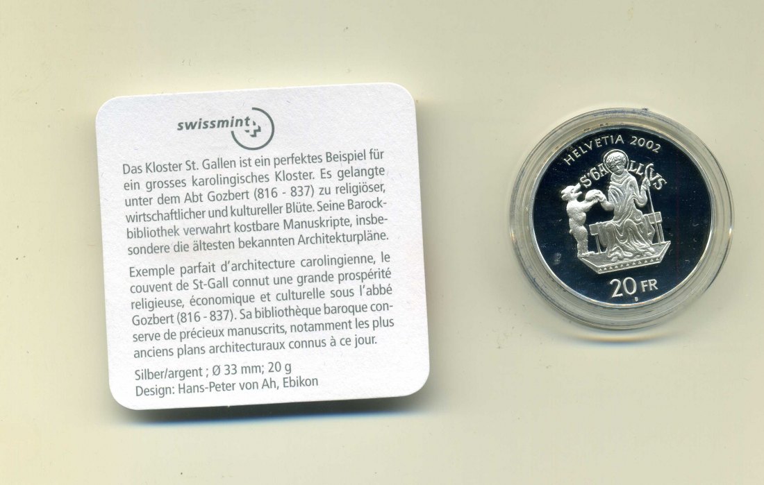  20 Franken 2002 Kloster St. Gallen PP ovp+Zert.+Etui   