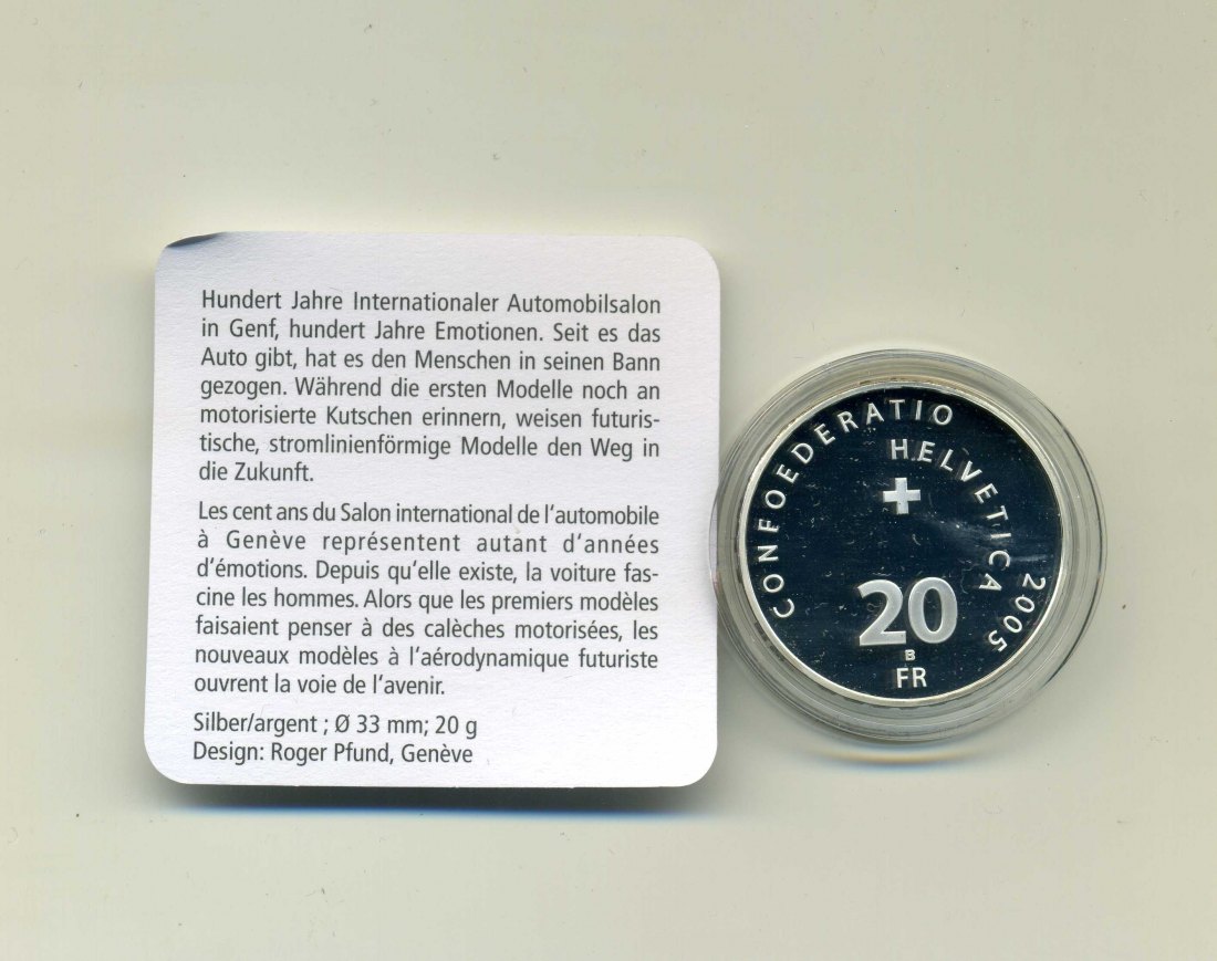  20 Franken 2005 Automobilsalon Genf PP ovp+Zert.+Etui   