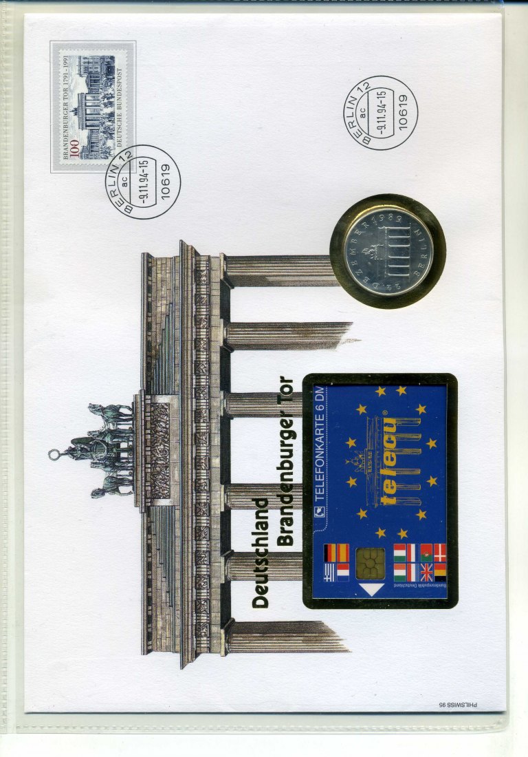  20 Mark 1990 Silber im Großnumisbrief Brandenburger Tor mit Telefonkarte   