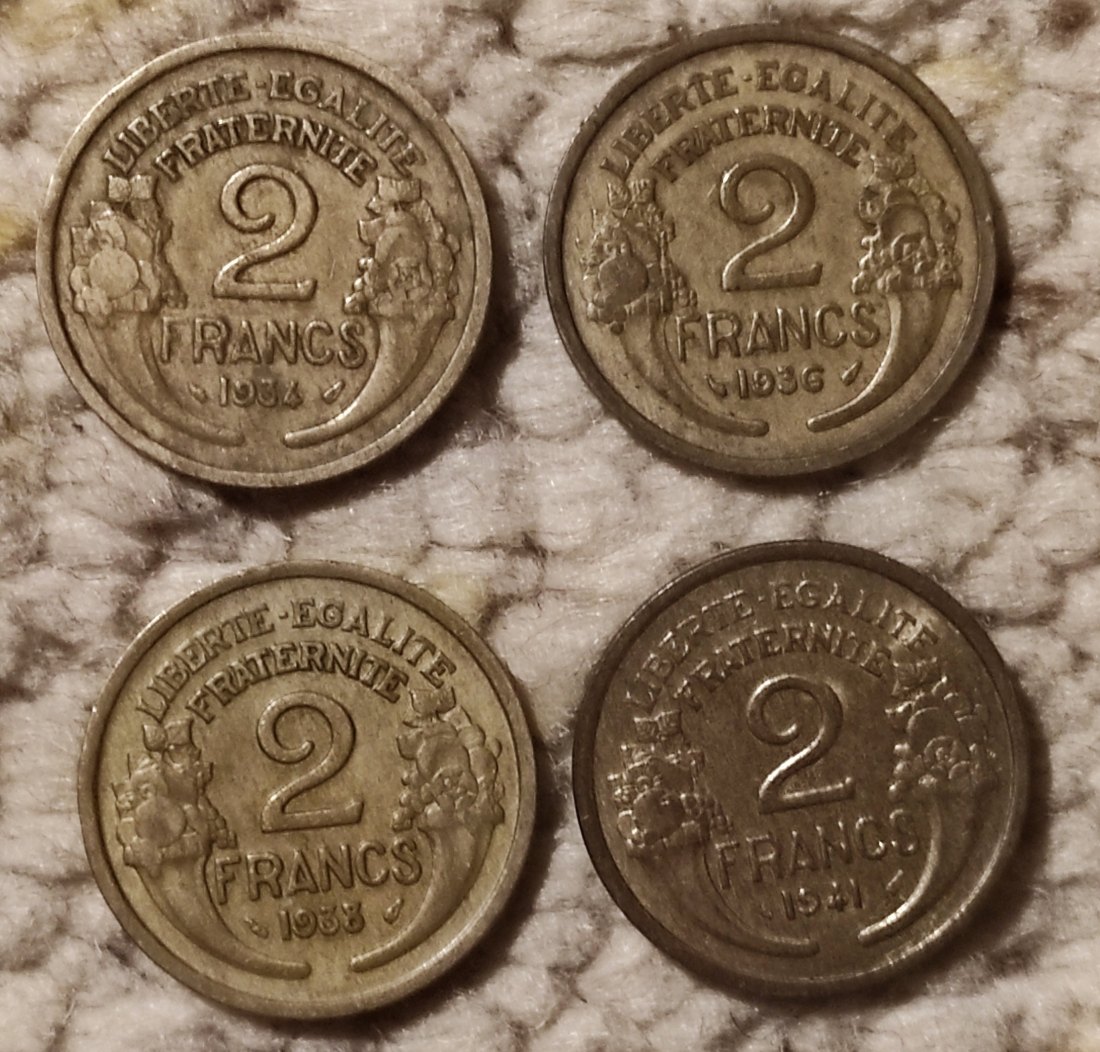  Frankreich 4 x 2 Franc 1934, 1936, 1938, 1941,   