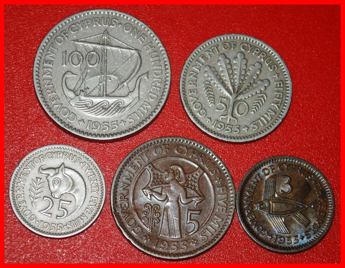 Ⰿ GREAT BRITAIN: CYPRUS★3-5-25-50-100 MILS 1955 SET! ELIZABETH II 1953-2022 ★LOW START ★ NO RESERVE!   