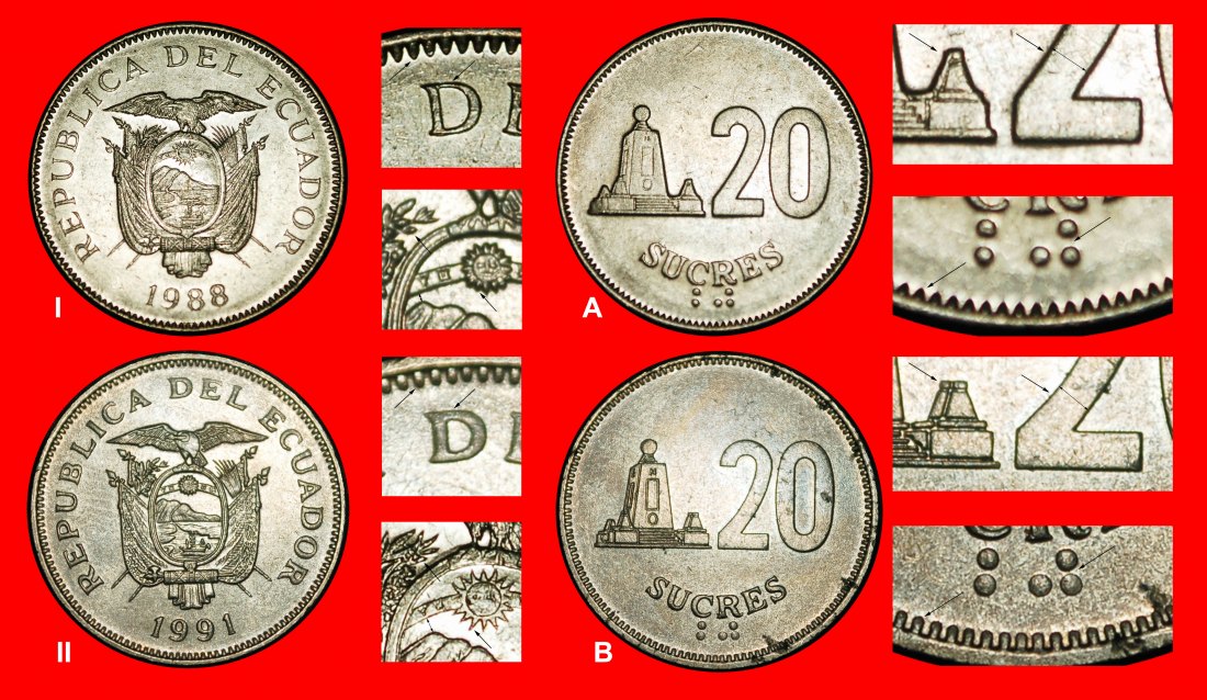  Ⰿ SHIP AND NAVIGATION: ECUADOR ★ 20 SUCRES 1988, 1991! 2 DISCOVERY COINS!★LOW START ★ NO RESERVE!   