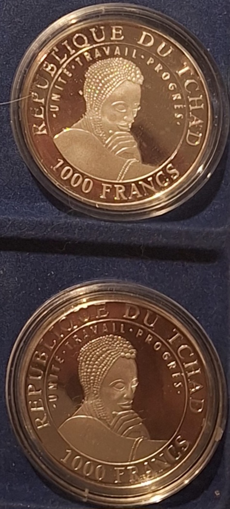  Tschad, 2x1000 Francs, 1999, vergessene Kulturen, je 15g 999er Silber unter Kurs   