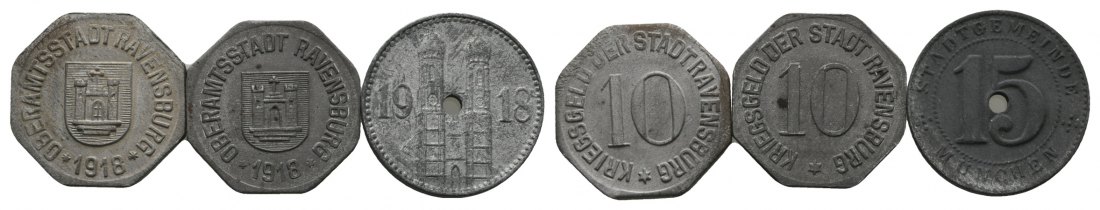  Ravensburg/München, Notmünzen 1918 (3 Stück)   