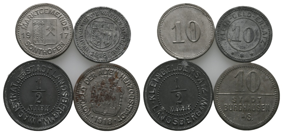  Sonthofen/Wangen im Allgäu/Landsberg/Herzogstadt, Notmünzen 1917/1918/o.J. (4 Stück)   