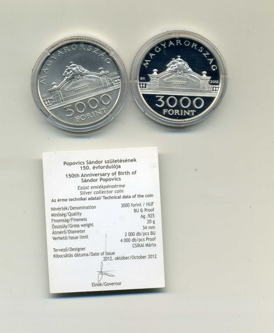  2 x 3000 Forint Popovics Sándor stempelganz+PP 37 Gramm Feinsilber   