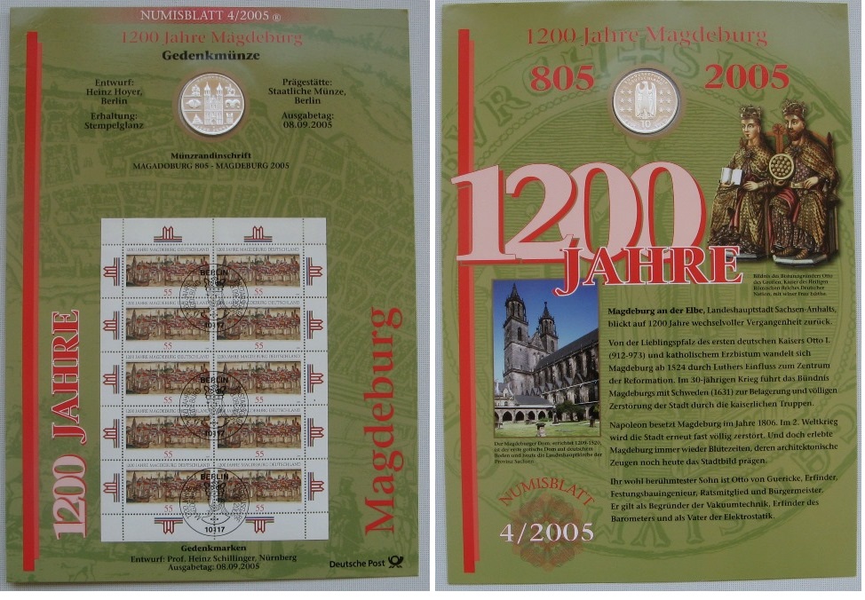 2005,Germany,Numismatics Coin-Card/Sheet:Mageburg+10 Euro Silver Coin(0,53 oz silver)   