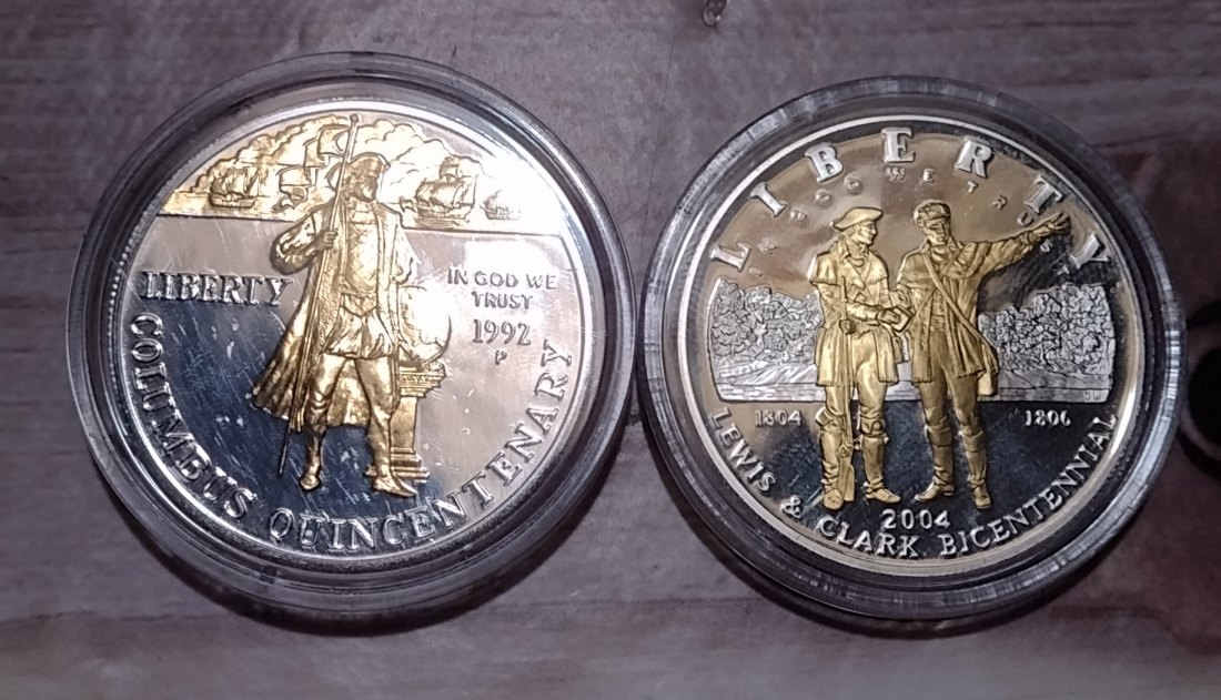  USA, Silbergedenkdollar, Kolumbus und Lewis+ Clark, teilvergoldet   