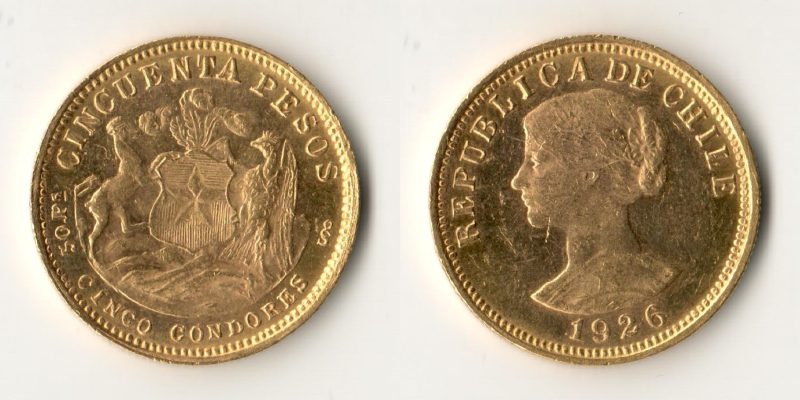 Chile MM-Frankfurt Feingold: 3,66g 20 Pesos 1926 